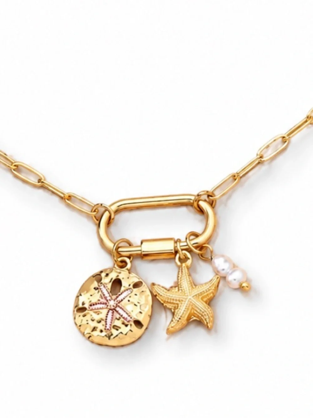New! Coastal Gold Sand Dollar Starfish Carabiner Necklace NWOT (1031) - Picture 2 of 3